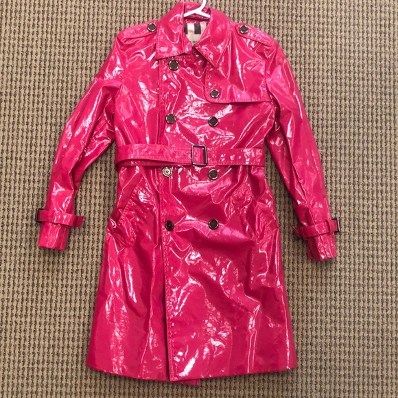 Girls Burberry Hot Pink Patent Leather Rain Coat